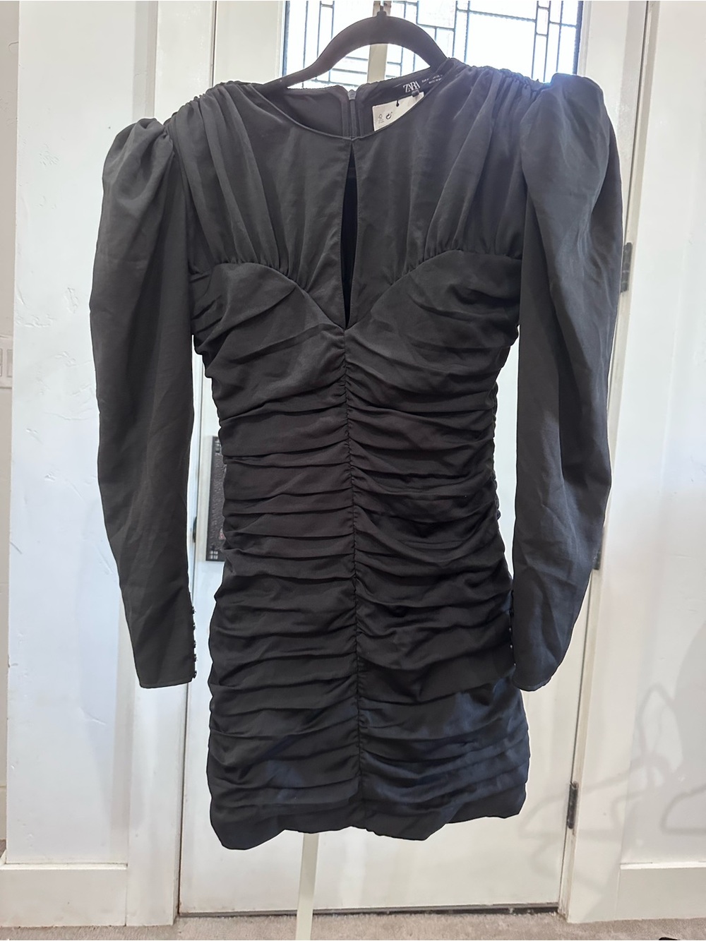 Zara Black LBD Ruched Mini Dress with Puff Sleeves